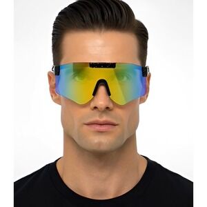 Shield Sunglasses Yellow Mirrored Lens Sporty Futuristic UV400 Protection Shades